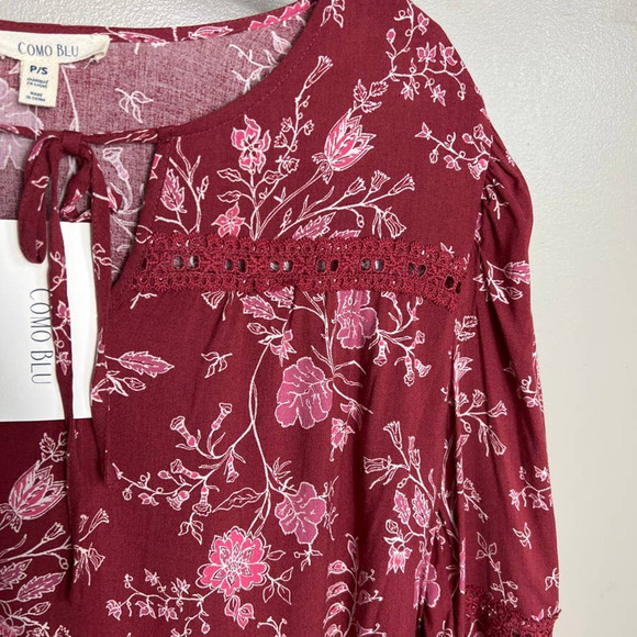 NWT Women's Como Blu 3/4 Sleeve Cottagecore Leaves Red Pink Blouse Boho Small - Picture 3 of 7